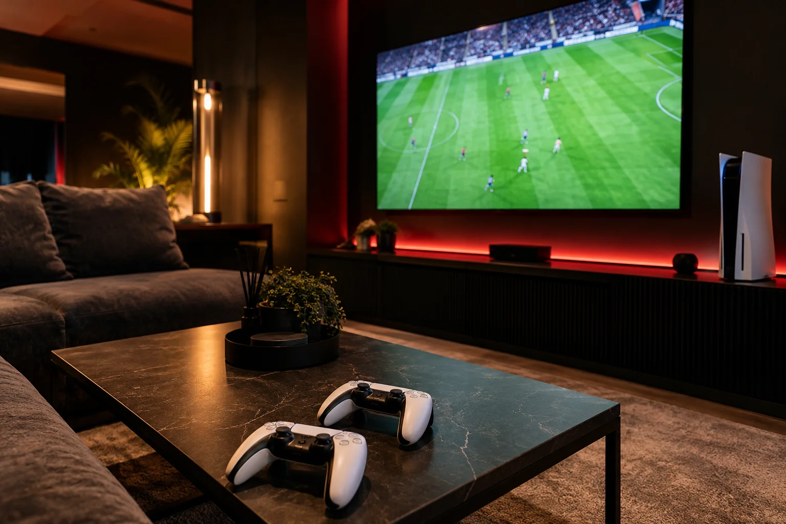 Koltuk, büyük ekran ve PlayStation 5 bulunan VIP oda konsepti